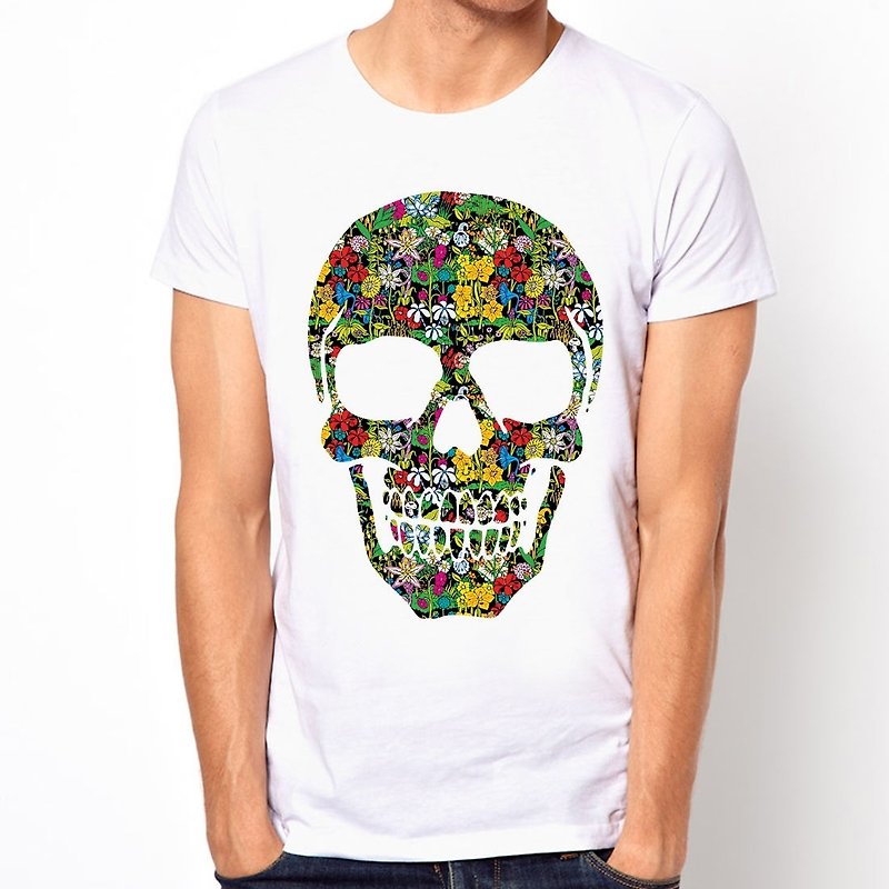 Floral Skull#2 Short Sleeve T-Shirt-White Floral Skull Design Art - เสื้อยืดผู้ชาย - วัสดุอื่นๆ ขาว