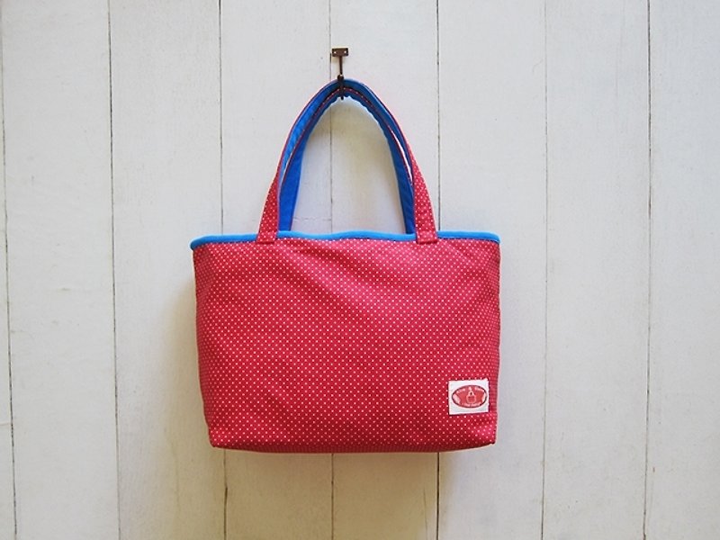 馬卡龍系列-紅底小白點+寶藍大號帆布托特包 (拉鍊開口款) - 側背包/斜孭袋 - 其他材質 多色