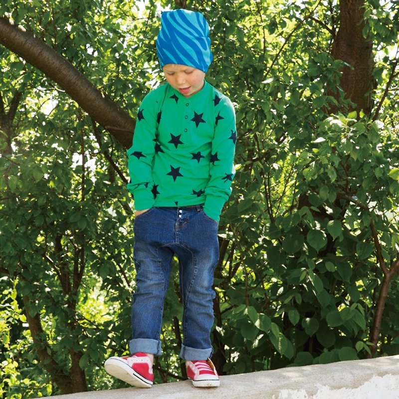 【Swedish Children's Clothing】Organic Cotton Star Long Sleeve Top 3 Years Old to 4 Years Old Green - Tops & T-Shirts - Cotton & Hemp 