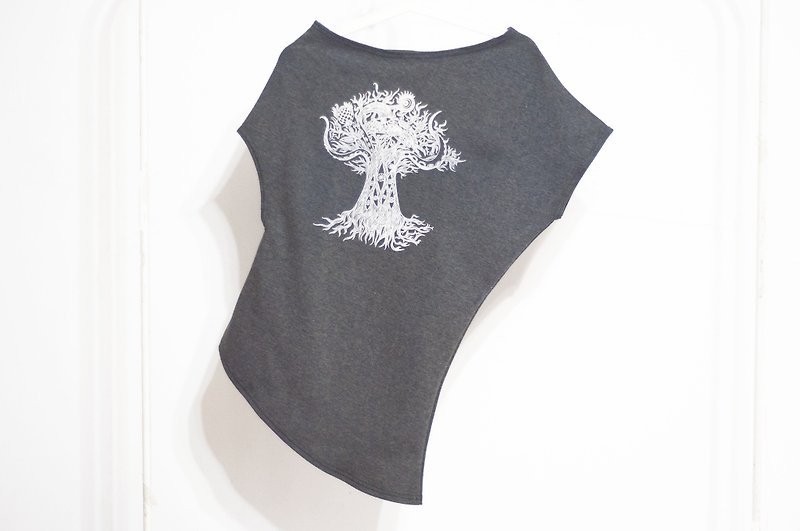 Birthday gift, Mother's Day gift, Christmas gift, Women's top, Organic cotton top, Handmade cotton top, Forest line top, Personality Irregular Slanted Shoulder Tee-Forest Tree Whale Zoo - Women's Tops - Cotton & Hemp Gray