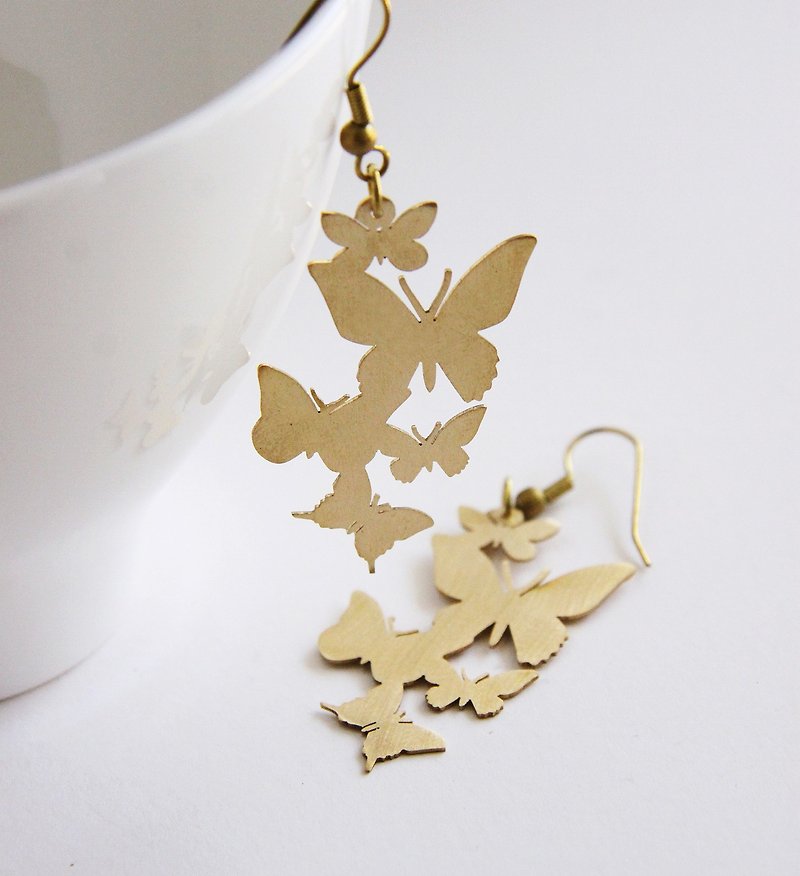 Golden Butterflies Fluttering Graphic Illustration Earrings - Earrings & Clip-ons - Other Metals Gold