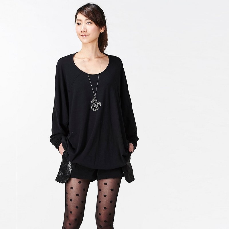 【Top】Dayuan Design Long Sleeve Top_Black - เสื้อผู้หญิง - ผ้าฝ้าย/ผ้าลินิน สีดำ