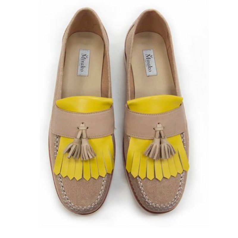 Classic Vintage Moccasin Tassel Loafers M1109 Yellow - รองเท้าอ็อกฟอร์ดผู้หญิง - ผ้าฝ้าย/ผ้าลินิน สีเหลือง