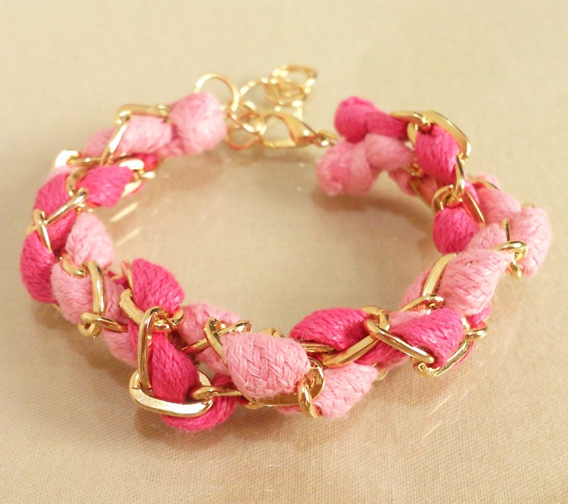 Fairy Tale~Double Circle Color Wax Rope Bracelet~ Strawberry Ice Cream~Pink+ Peach - Bracelets - Other Metals Multicolor