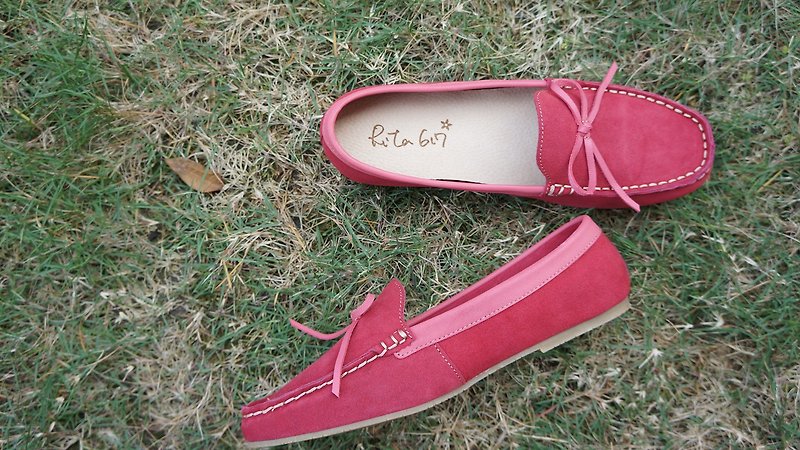 真皮 女休閒鞋/帆布鞋 紅色 - Rita617 Soft系列 手縫平底鞋(胭脂紅+蝴蝶結)