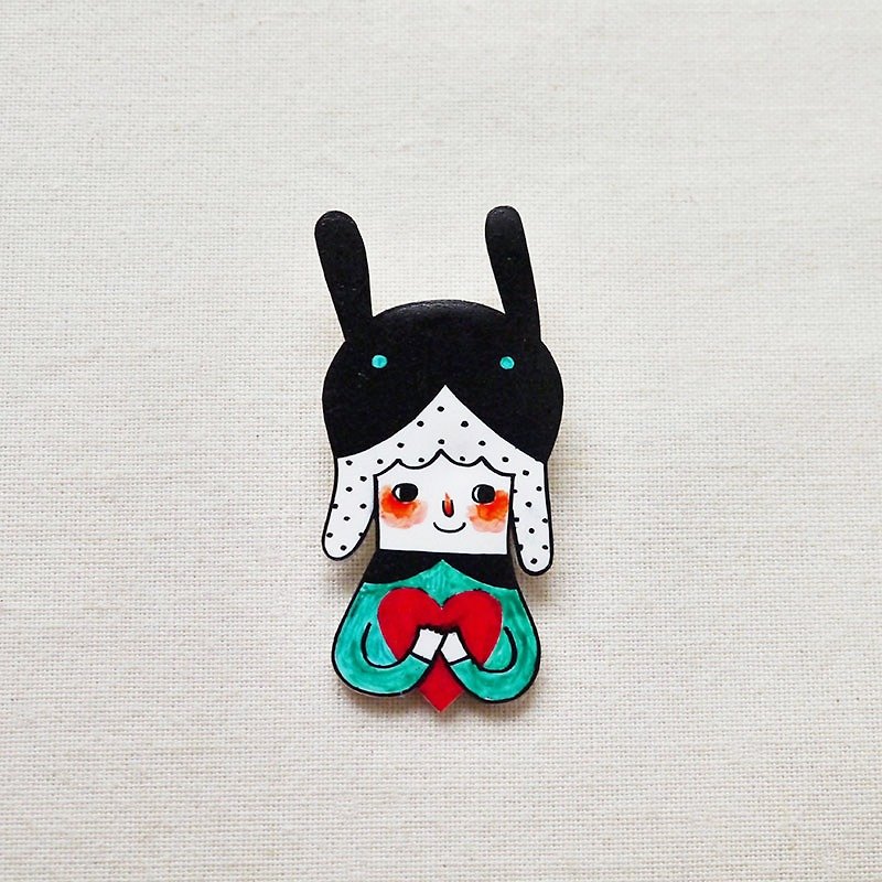 Sherry The Rabbit Girl with Love - Handmade Shrink Plastic Brooch or Magnet - Wearable Art - Made to Order - Brooches - Plastic Green