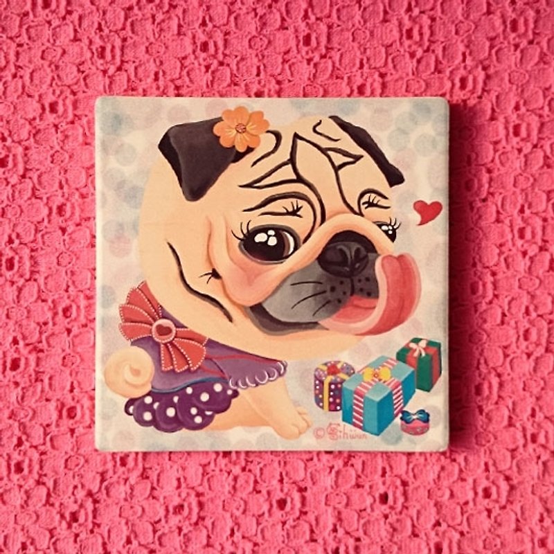Pug ceramic absorbent coaster-The Best Gift!(Girl) - ที่รองแก้ว - ดินเผา ขาว