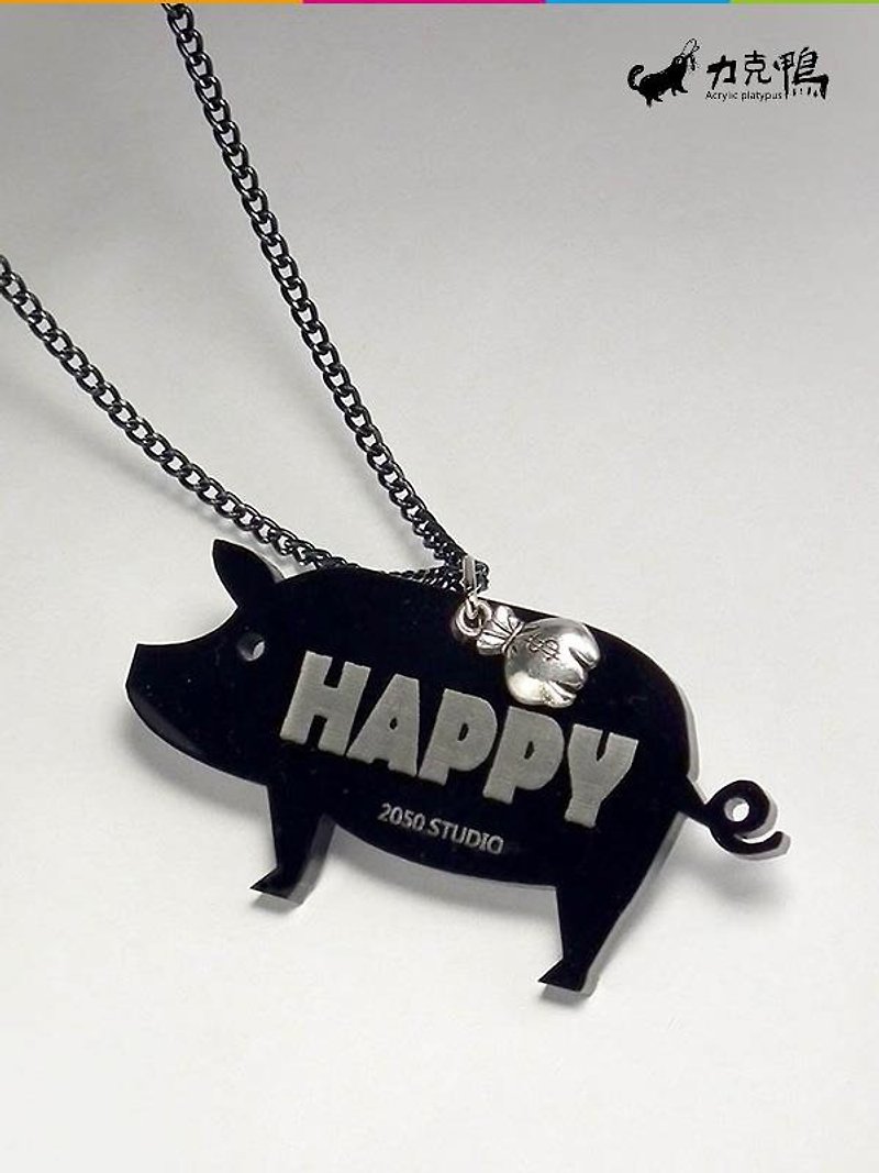 Happy Pig Necklace/Key Ring - Necklaces - Acrylic Black