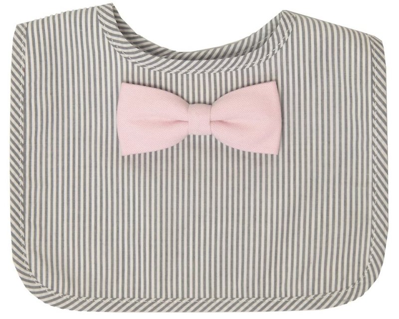 La Chamade / Little Gentleman Fancy Bow Tie Bib - Gray Stripe With Oxford Bowtie - Bibs - Cotton & Hemp Gray