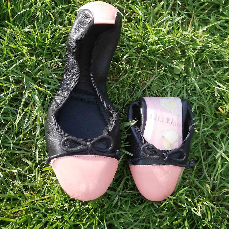 【戀人圓舞曲】摺疊芭蕾舞鞋_粉/黑(僅餘22.5、23) - 芭蕾舞鞋/平底鞋 - 真皮 粉紅色