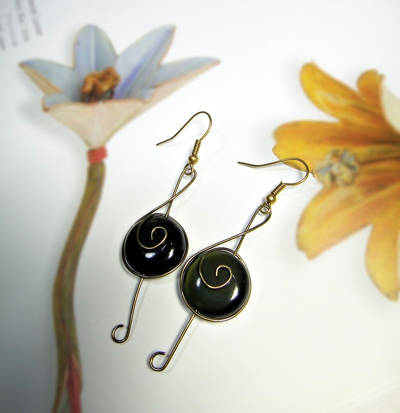 ◎ obsidian earrings earrings * brass notes - Earrings & Clip-ons - Other Metals 