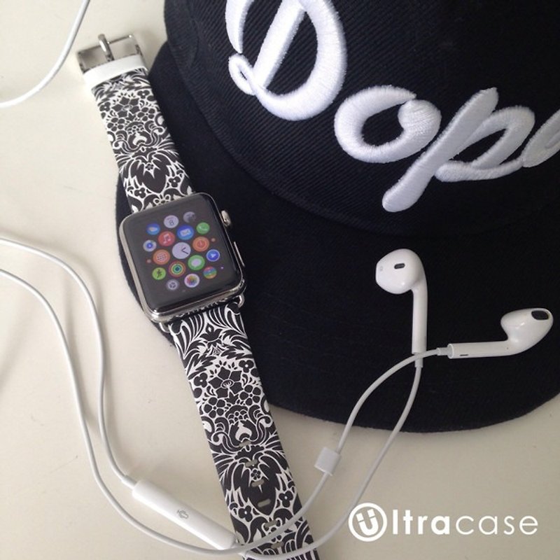 Apple Watch Series 1-5 用レザー時計バンドのダマスク黒と白のパターン - その他 - 革 