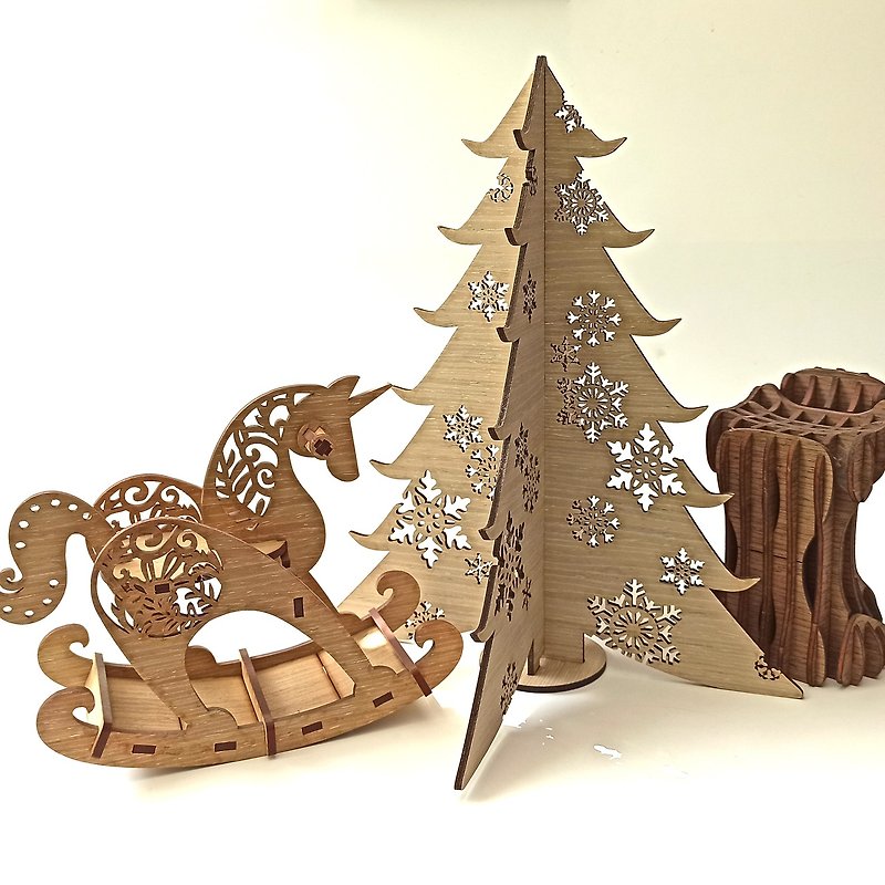 【福袋】情人節禮物/雪花聖誕樹組合A - 裝飾/擺設  - 木頭 卡其色