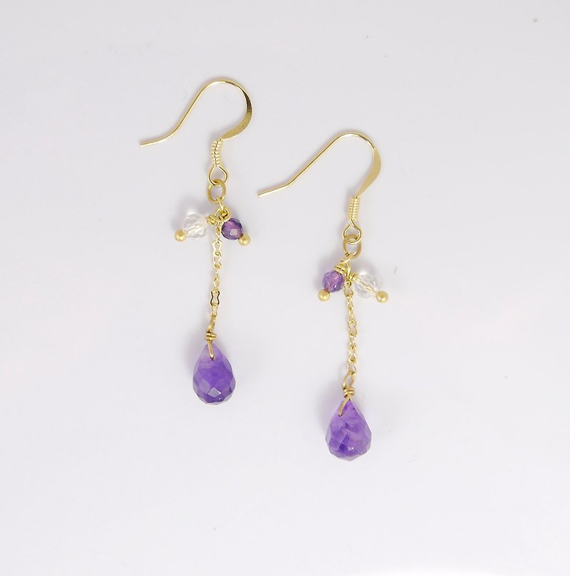 【ColorDay】紫水晶+白水晶~水滴耳環 - 耳環/耳夾 - 寶石 紫色