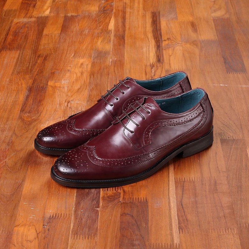 Vanger Elegant US-style 绅 Ya wing full carved Derby shoes Va 194 red - รองเท้าลำลองผู้ชาย - หนังแท้ สีแดง