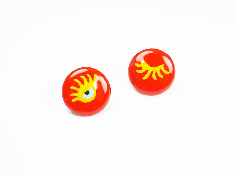眼神小姐琺瑯耳環（橘紅色） - 耳環/耳夾 - 其他金屬 紅色