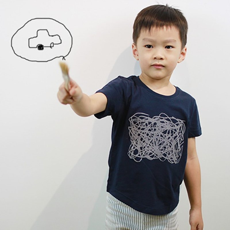 兒童純棉手工時尚T恤- Childlike 線條的構成(鐵灰藍) - 其他 - 棉．麻 藍色