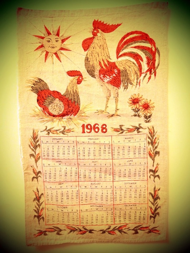 1968 美國早期年代布面月曆 公雞啼 - 牆貼/牆身裝飾 - 其他材質 紅色