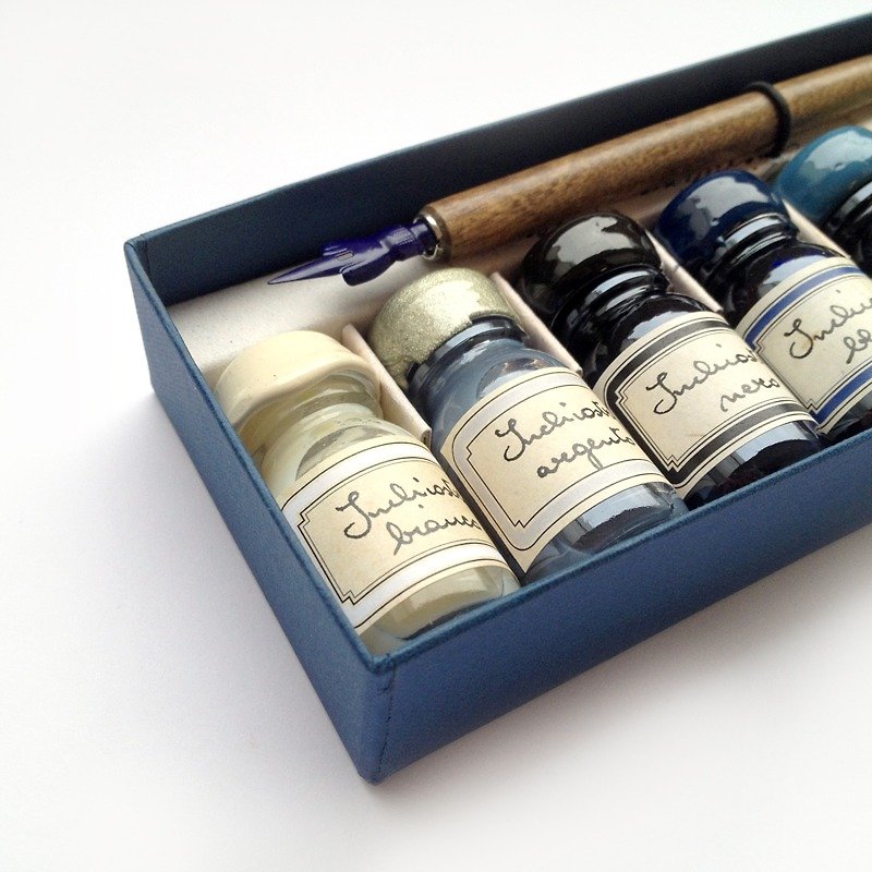 7453/F Cold Color Writing Set- 9 Inks + Nibholder w/nib-Francesco Rubinato - Fountain Pens - Glass Blue