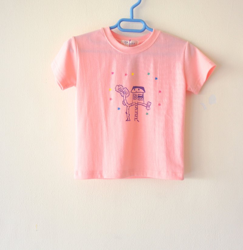 畫一個小幸福☆ 彩色星星小樹屋 / 安全堡壘 小孩粉粉圓領彈性t-shirt - 其他 - 棉．麻 粉紅色