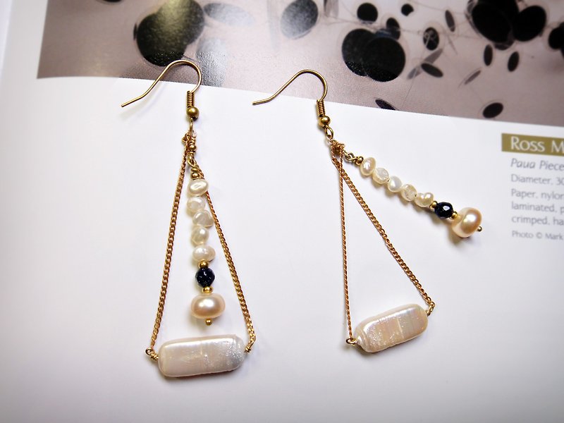 earring. Pearl* Blue Sandstone Triangle Brass Earrings - ต่างหู - โลหะ 