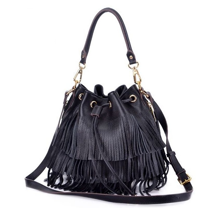 LaPoche Secrete: Christmas gift _ confident black leather fringed shoulder bag hand _ - Messenger Bags & Sling Bags - Genuine Leather Black