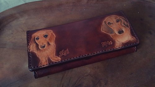 企夢想皮革帆布所 客製兩隻寵物全身英國褐色純牛皮長皮夾 (訂做情人、生日送禮)