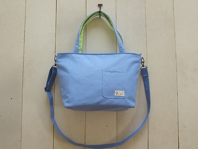 Dachshund zipper open canvas tote bag-medium (light blue + fruit green) + detachable adjustable strap + small outer pocket - Messenger Bags & Sling Bags - Other Materials Multicolor