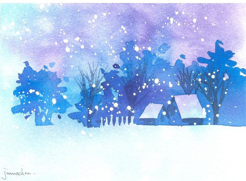 聖誕卡片「療癒系樹林系列1-104」水彩手繪限量版明信片/賀卡 - 心意卡/卡片 - 紙 藍色