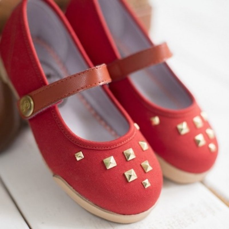 Zola磚紅色鉚釘娃娃鞋 (零碼特價 僅接受退貨) - 男/女童鞋 - 棉．麻 紅色