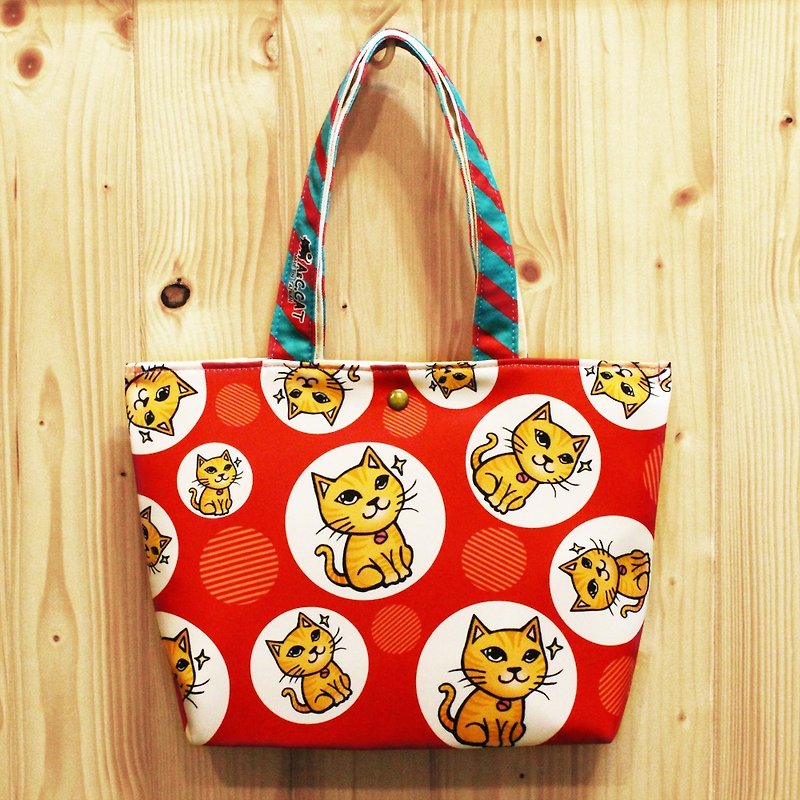 Skilled Cat Cat [x] urban dog slipped out tote bags lunch bags orange cat pop cat warm red dot - กระเป๋าถือ - วัสดุอื่นๆ สีแดง