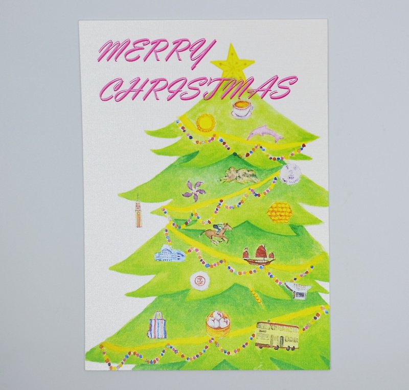 手繪聖誕明信片 – 聖誕樹香港 - 卡片/明信片 - 紙 多色