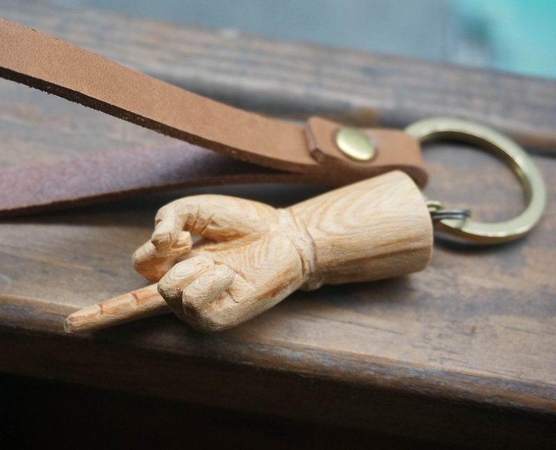 Leather hand-carved cypress hands Charm Key Chains (middle finger gesture) - Keychains - Genuine Leather Brown