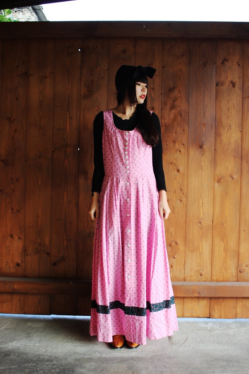 F840(Vintage)粉紅底綠色小碎花蕾絲綴飾排扣棉質背心洋裝(奧地利傳統Dirndl) - 連身裙 - 其他材質 粉紅色