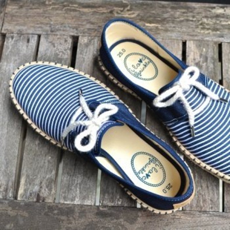 Bonnie大人藍白條紋休閒鞋 23號 - รองเท้าลำลองผู้หญิง - ผ้าฝ้าย/ผ้าลินิน สีน้ำเงิน