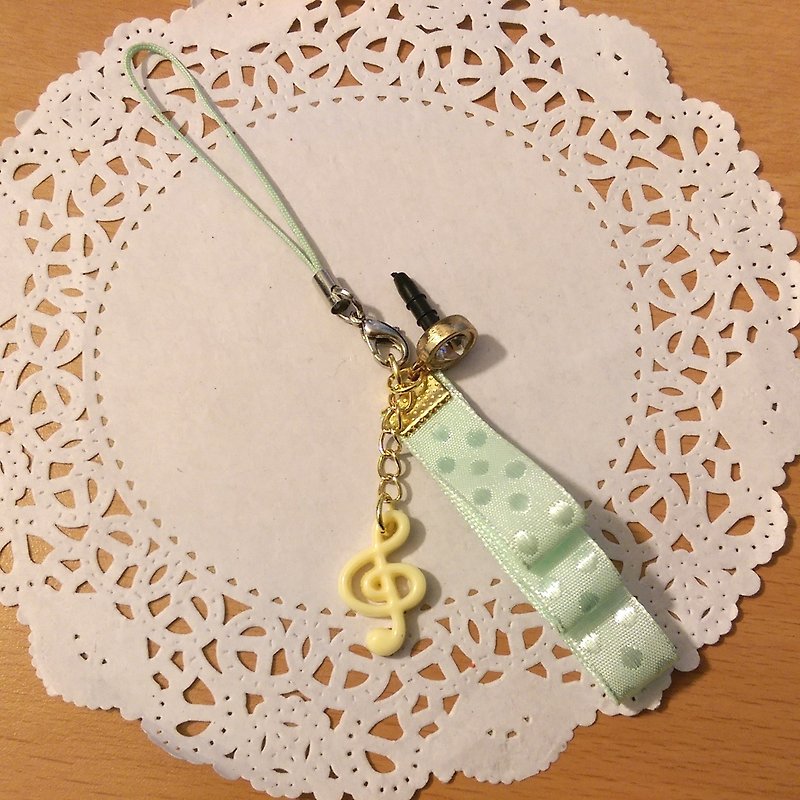 【Marka Long yellow high-pitched marks ribbon earphone plugs (green)】 music musical instruments notes ribbon-made hand-made custom "Misi bear" graduation gift - พวงกุญแจ - โลหะ สีเขียว