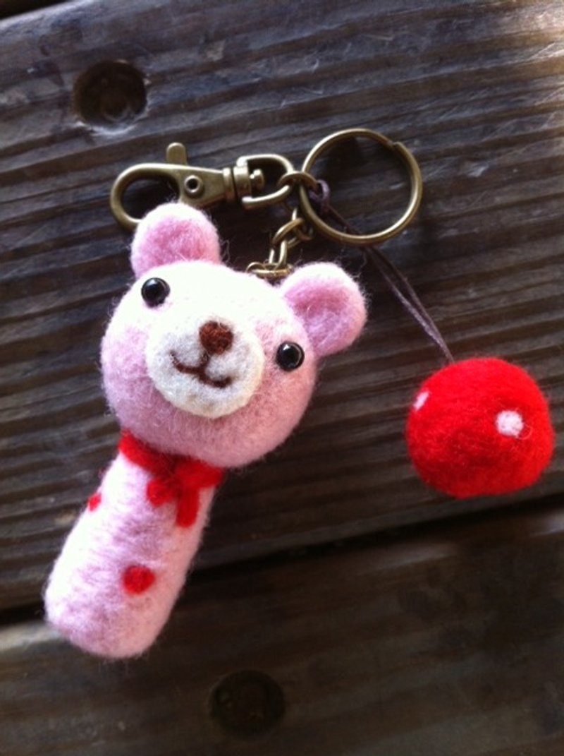 Bear sister pink wool felt key ring - ที่ห้อยกุญแจ - ขนแกะ สึชมพู
