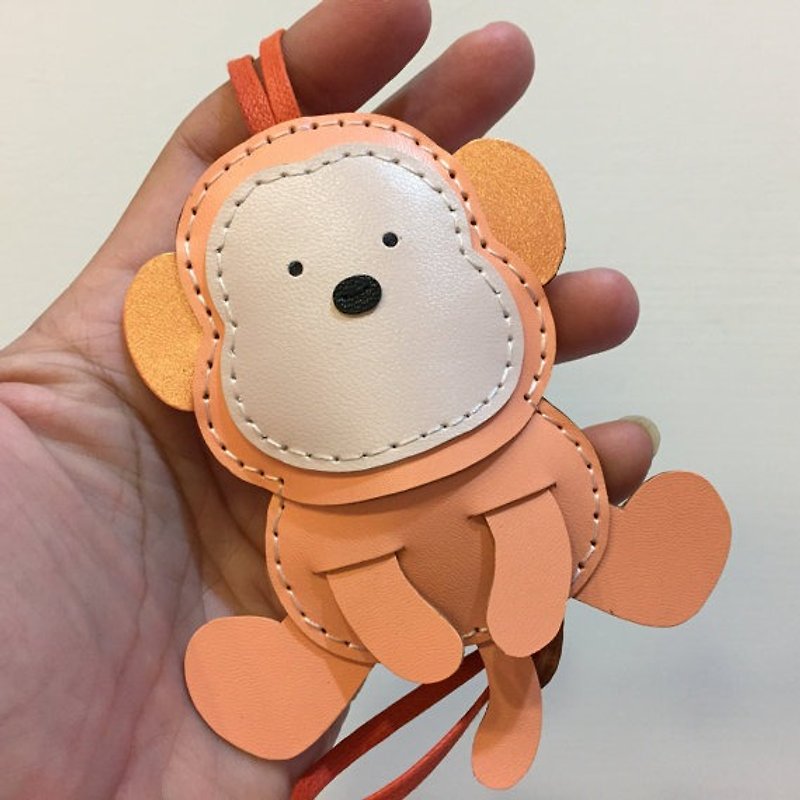 Healing small things peach color cute monkey hand-stitched leather charm large size - พวงกุญแจ - หนังแท้ สีส้ม