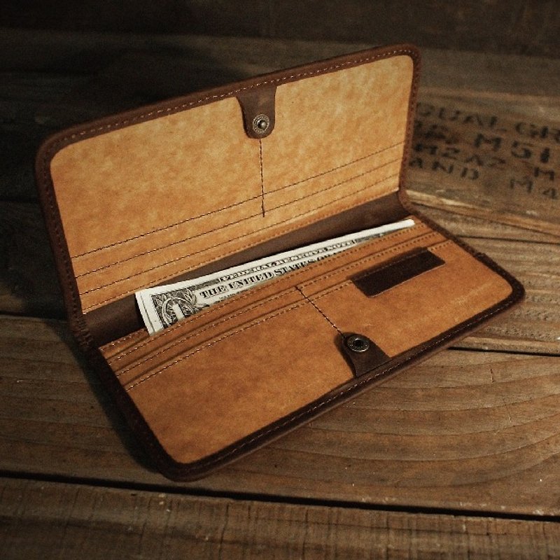[ADOLE] wax fabric antique leather - retro long clip - กระเป๋าสตางค์ - วัสดุอื่นๆ สีนำ้ตาล
