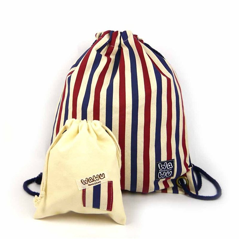 束口後背包+小收納袋 (條紋) - 水桶包/束口袋 - 棉．麻 藍色