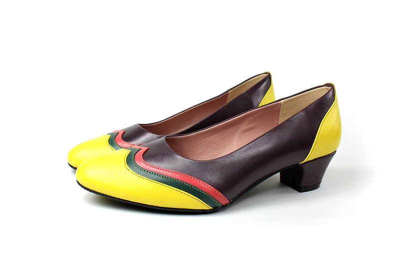 Purple yellow pointed toe low heels - Women's Oxford Shoes - Genuine Leather Multicolor