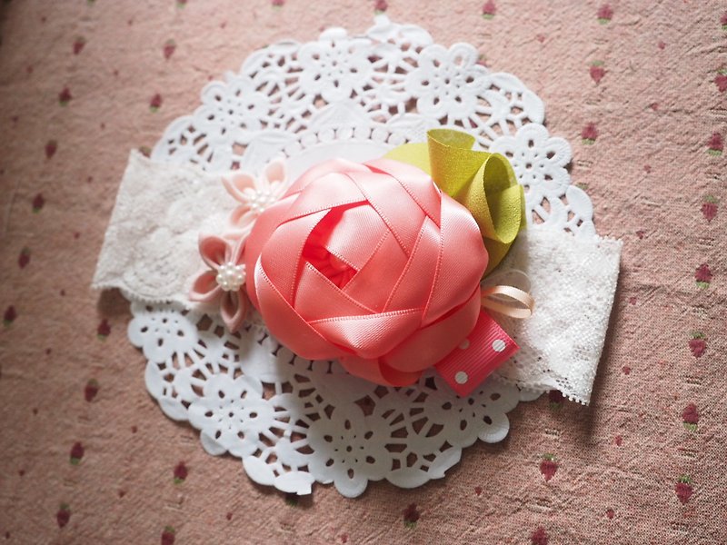 Handmade Elastic Headband with ribbon flower - Bibs - Other Materials Pink