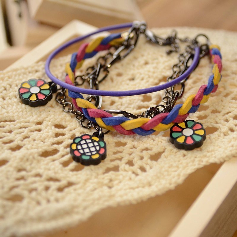 ❁ dazzling colorful world ❁ blue pink with yellow braided rope bracelet multi-level - สร้อยข้อมือ - อะคริลิค หลากหลายสี