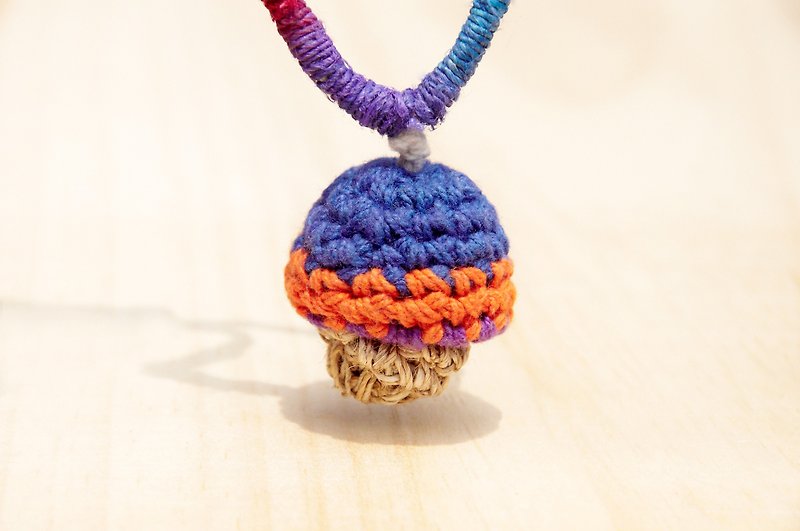 Handmade limited edition genuine leather + Linen woven mushroom necklace hand-crocheted mushroom - contrasting color bohemian style - Necklaces - Other Materials Multicolor
