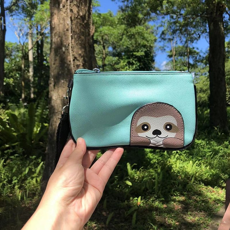 Sleepyville Critters - Peeking Baby Sloth Vinyl Wristlet - Toiletry Bags & Pouches - Faux Leather Blue