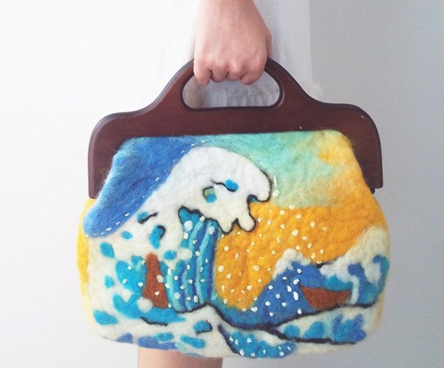 神奈川葛飾北斎浮世絵ウールオフ大きい波は手作りハンドバッグを感じ