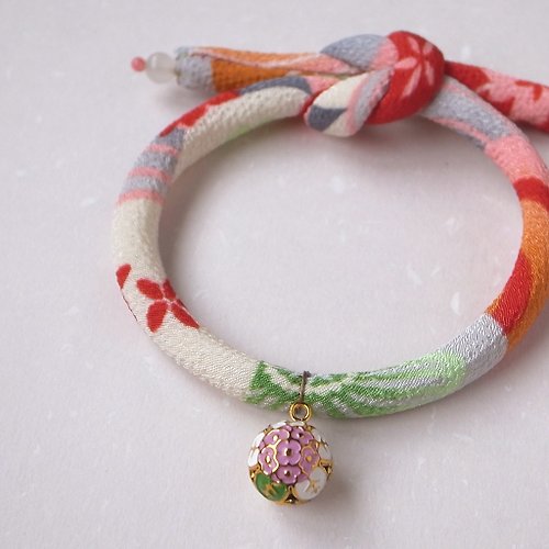 犬猫首輪製作所 日本犬貓和布頸圈 項圈(單結式)--赤虹+粉繡球圓鈴