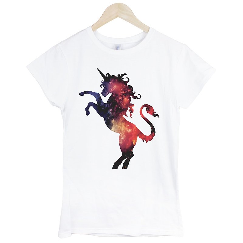 Cosmic Unicorn#2 Girls Short Sleeve T-shirt-White Milky Way Unicorn Unicorn Unicorn Cheap Fashion Design Homemade Brand Fashion Round Triangle - เสื้อยืดผู้หญิง - กระดาษ ขาว