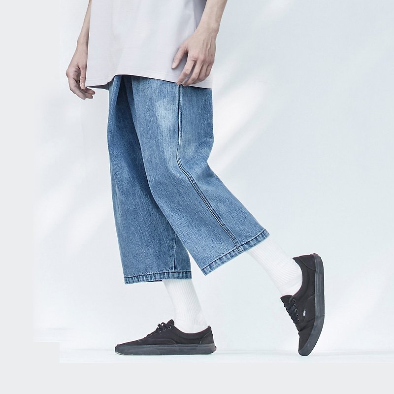 Folding denim wide pants - กางเกงขายาว - ผ้าฝ้าย/ผ้าลินิน สีน้ำเงิน