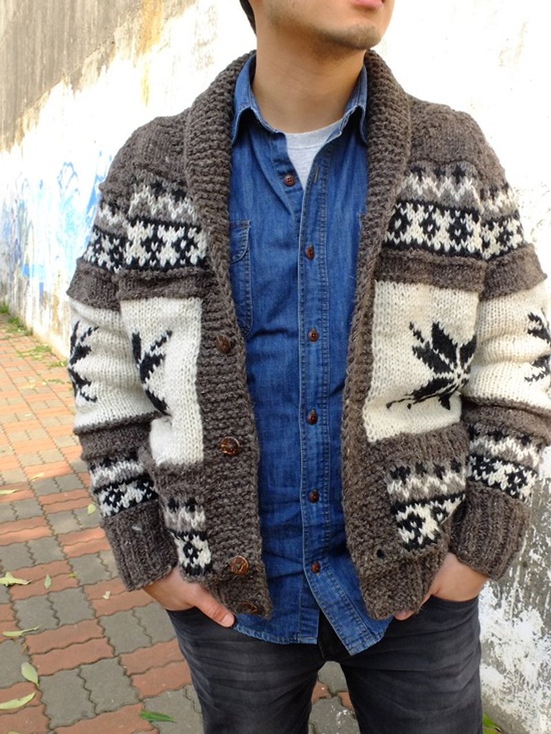 Handmade Hand Knit Wool Sweater / Cardigan / Wool Coat Brown - สเวตเตอร์ผู้ชาย - ขนแกะ สีนำ้ตาล